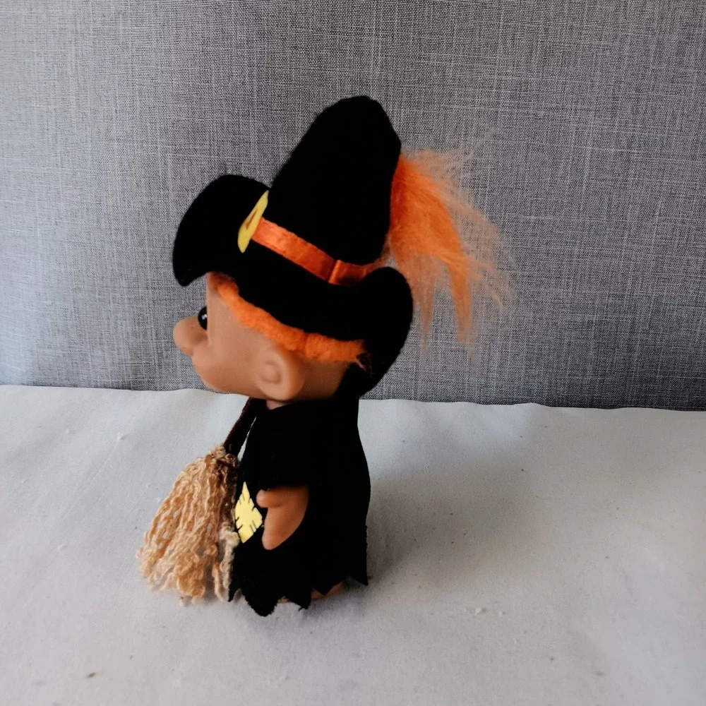 Russ Halloween Witch Troll Doll Orange Hair Black Hat Broom Vintage Figure 5